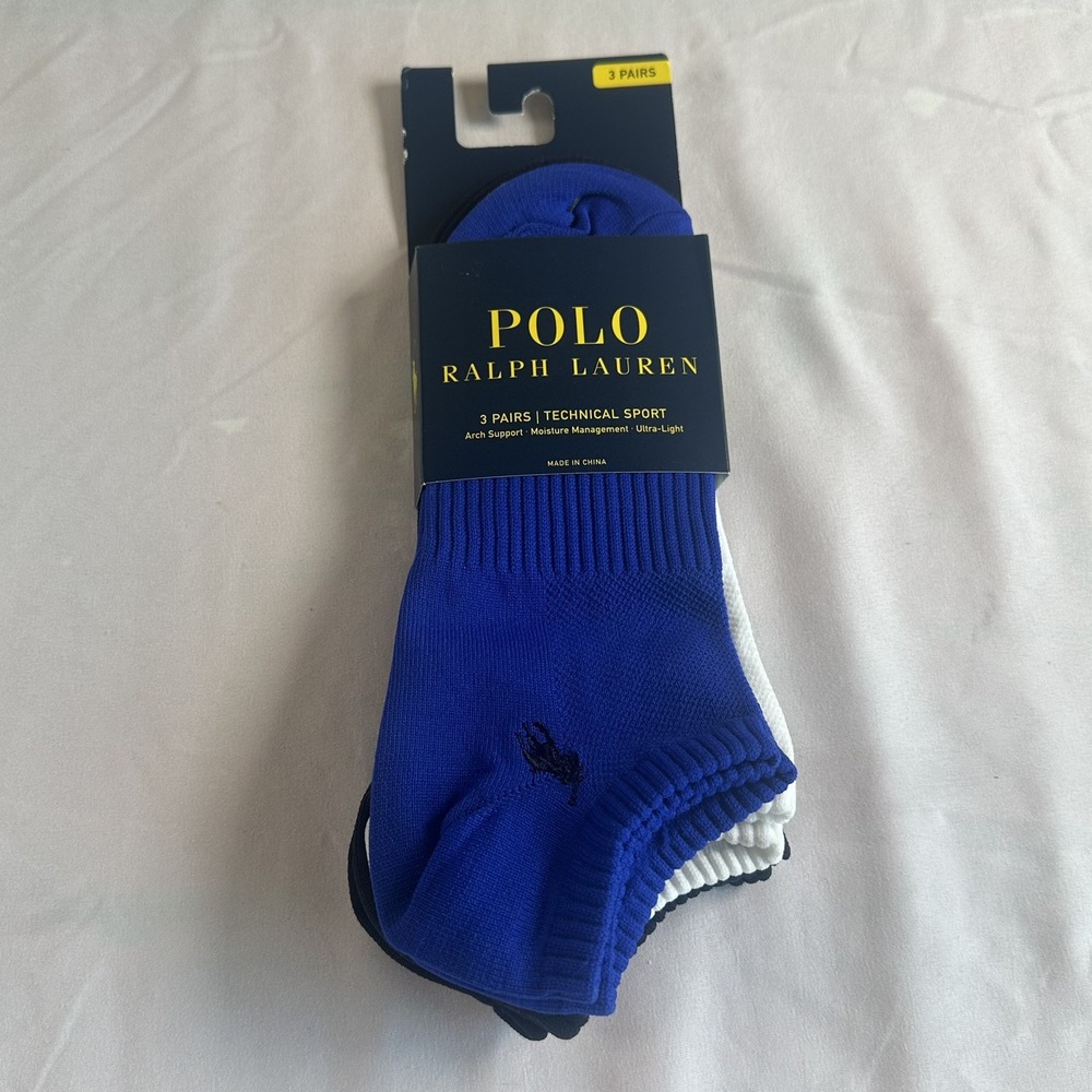 Polo Ralph Lauren technical Sport Socks Mens SZ 10-13 Low Cut blue, white, black